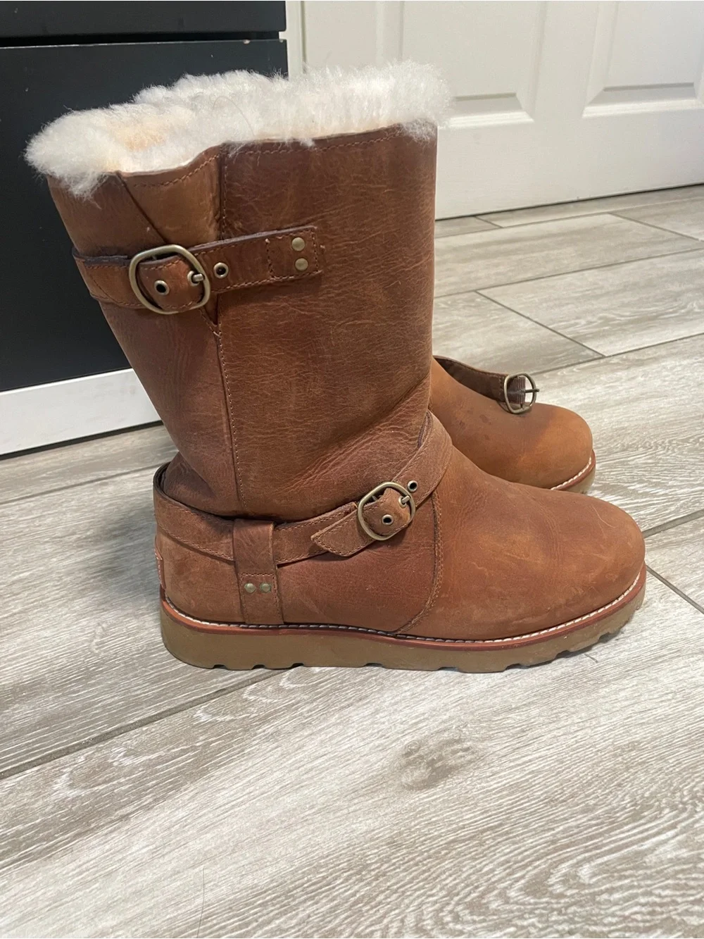 UGG Chestnut Brown Shearling Mid-Calf Boots with Buckle Detail